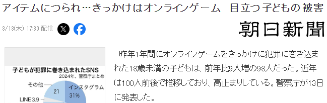 日本**厅公布数据 去年因网游导致犯罪未满18岁达到98人