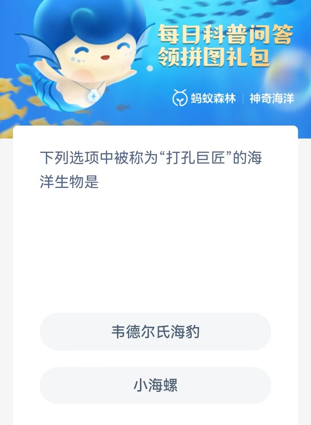 《神奇海洋》今日答案8.2下列选项中被称为打孔巨匠的海洋生物是